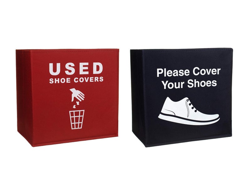 Yolju 2 Pack Shoe Cover Boxes for Realtor, Home, Office. Blue and Red Foldable Boxes Come as a Set with Please Cover Your Shoes and Used Shoe Covers Sign for Disposable Booties - Image 2